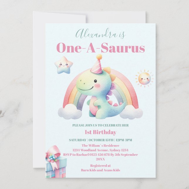 Dinosaur 1:a födelsedag färgad cute inbjudningar (Framsida)