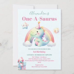 Dinosaur 1:a födelsedag färgad cute inbjudningar