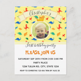 Dinosaur 1:a födelsedag, färgfoto av pojke inbjudan vykort