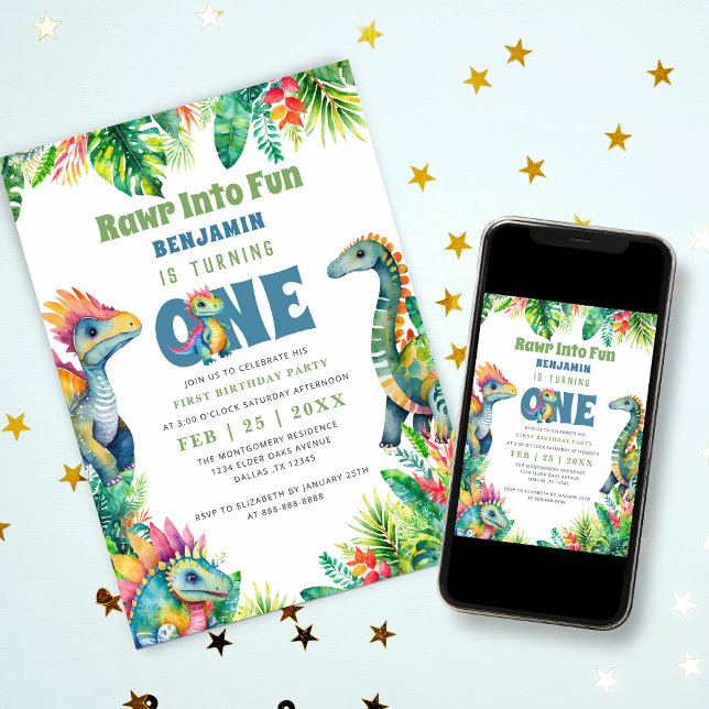 Dinosaur 1:a födelsedag Party Cute Pojke Tropical Inbjudningar (Skapare uppladdad)
