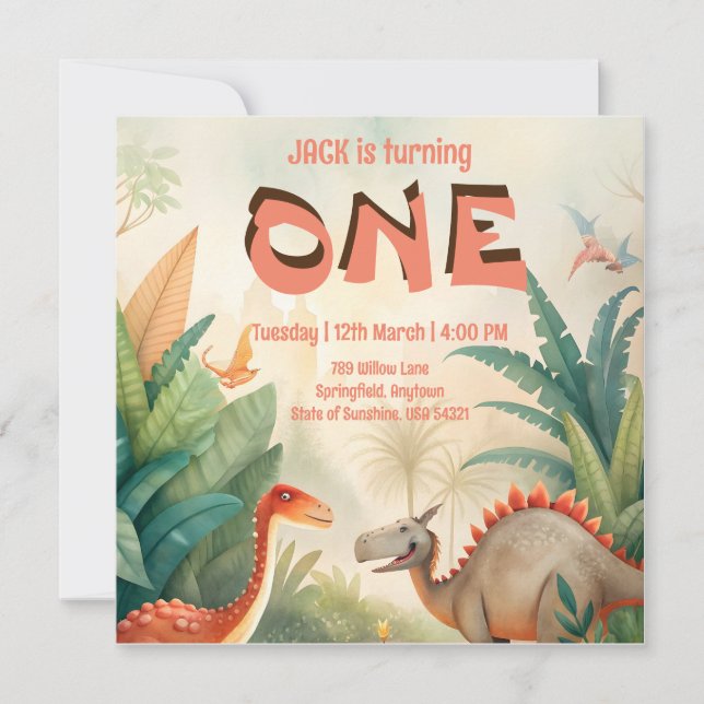 Dinosaur 1:a födelsedag, vattenfärg för djungel spara datumet (Framsida)