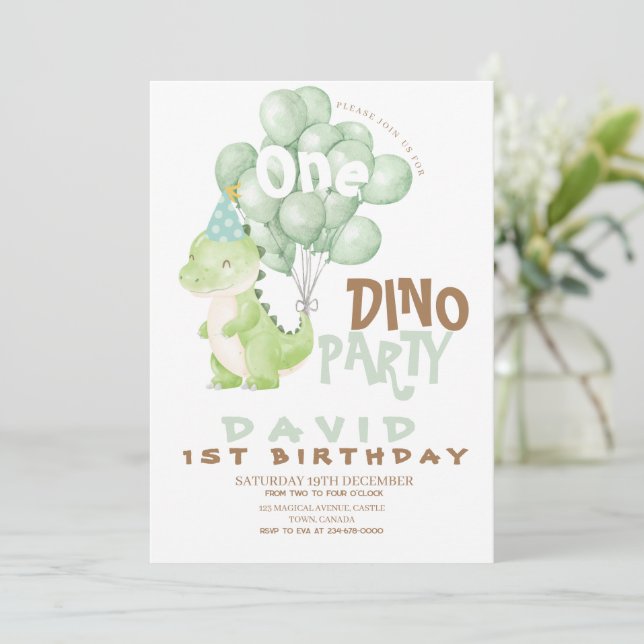 Dinosaur 1:a födelsedag: vattenfärgballonger inbjudningar (Stående Fram)