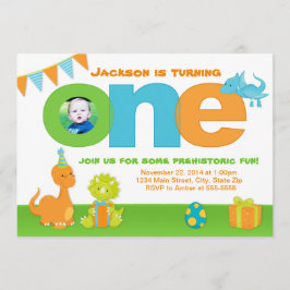 Dinosaur 1:a födelsedagarinbjudan 5x7 fotokort inbjudningar