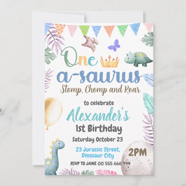 Dinosaur 1:a födelsedagen 1-A-Saurus Boy Party Inbjudningar (Framsida)