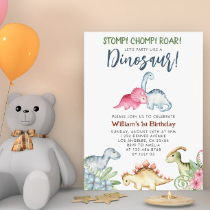 Dinosaur 1:a födelsedagen Party Stomp Chomp Roar B Inbjudningar