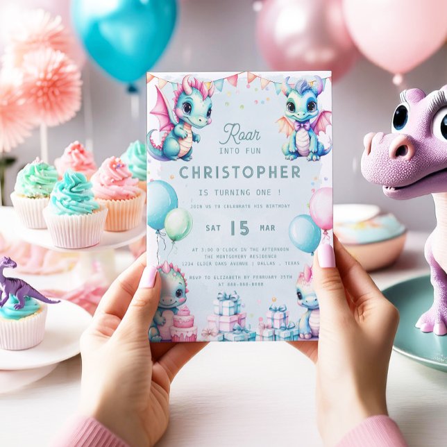 Dinosaur 1:a födelsedagen Pastel Cute Dino Dragon  Inbjudningar (Skapare uppladdad)