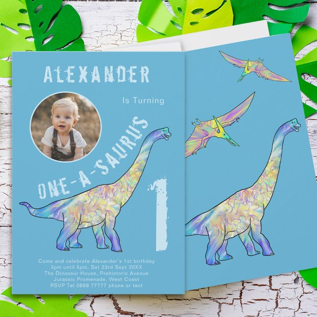 Dinosaur 1-års födelsedagsfest Blå Inbjudningar (One a saurus dinosaur 1st birthday party invitation with photo template colorful dino watercolor)