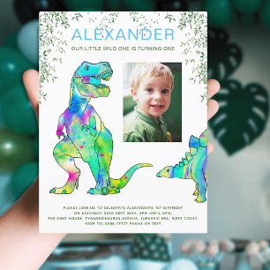 Dinosaur 1-års födelsedagsfest budget inbjudan vykort