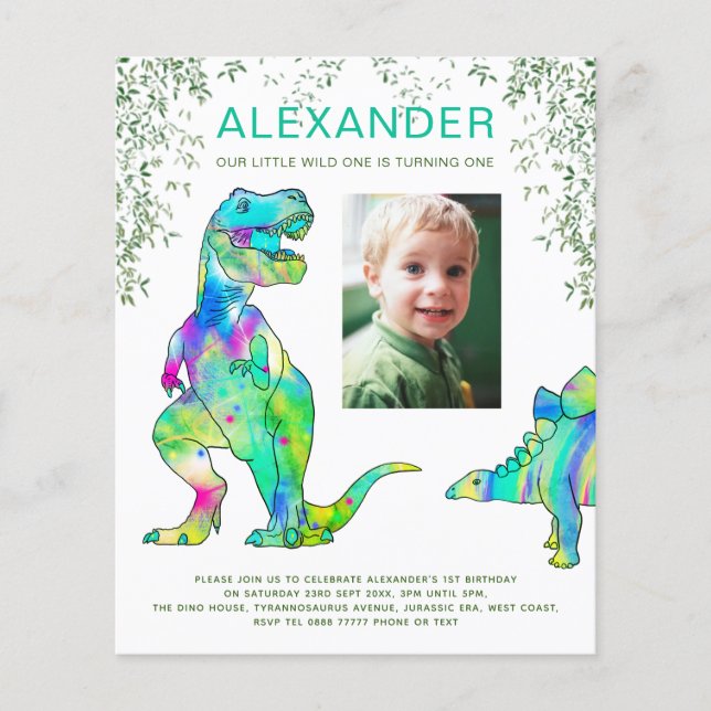 Dinosaur 1-års födelsedagsfest foto budget flygblad (Framsidan)