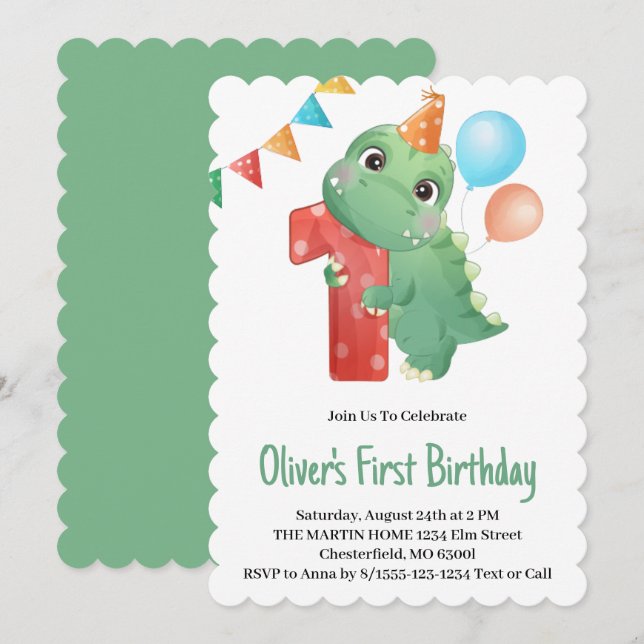 Dinosaur 1-års födelsedagsinbjudan inbjudningar (Fram/baksida)