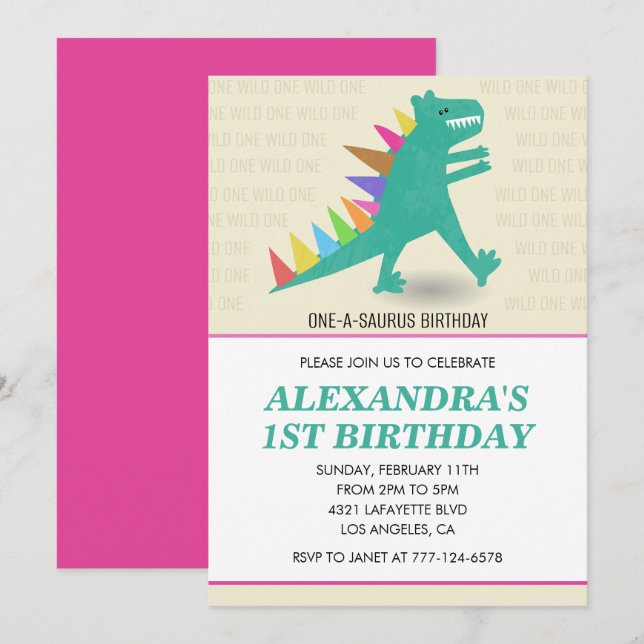 Dinosaur 1-års födelsedagsinbjudningar Tjej rosa  Inbjudningar (Fram/baksida)