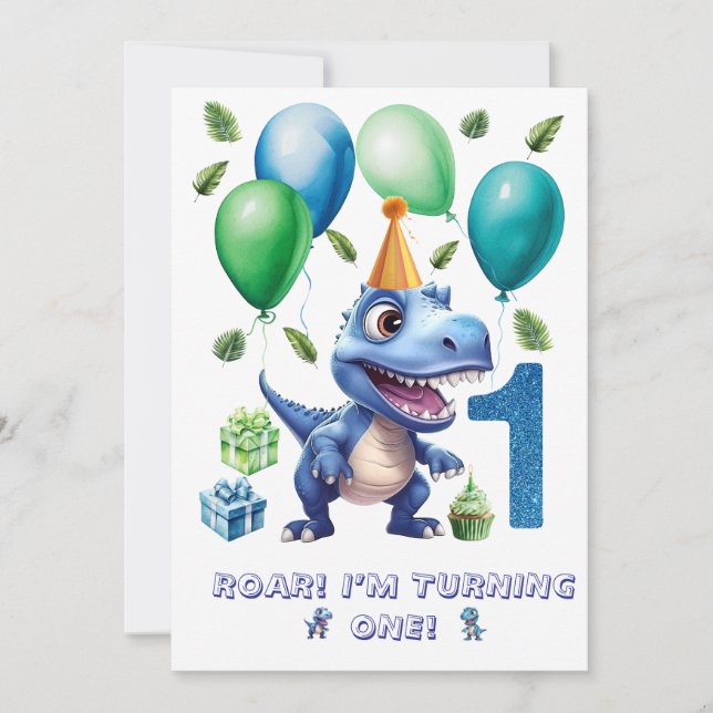 Dinosaur 1-års inbjudan Pojke-Personlig (Framsida)