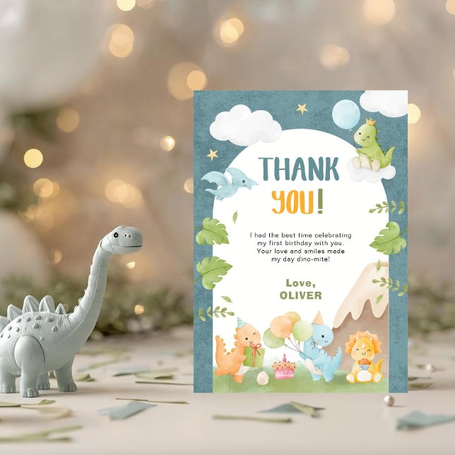 Dinosaur 1-årsdag Blå Tack Kort (Skapare uppladdad)