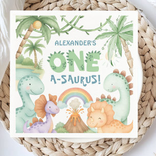 Dinosaur 1-årsfirande En A-Saurus Pojke Dino Pappe Pappersservett