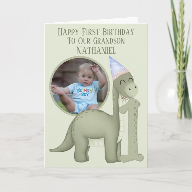 Dinosaur 1 Photo Aperture First Birthday Card Kort (Framsida)