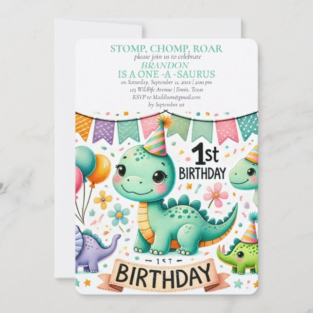 Dinosaur 1st Birthday Boy Stomp Chomp Roar Inbjudningar (Framsida)