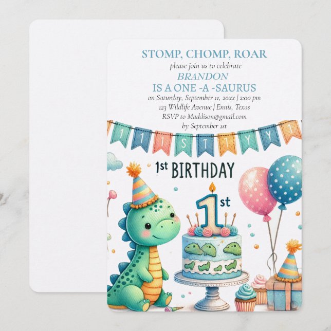 Dinosaur 1st Birthday Boy Stomp Chomp Roar Inbjudningar (Fram/baksida)