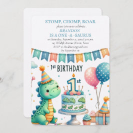 Dinosaur 1st Birthday Boy Stomp Chomp Roar Inbjudningar