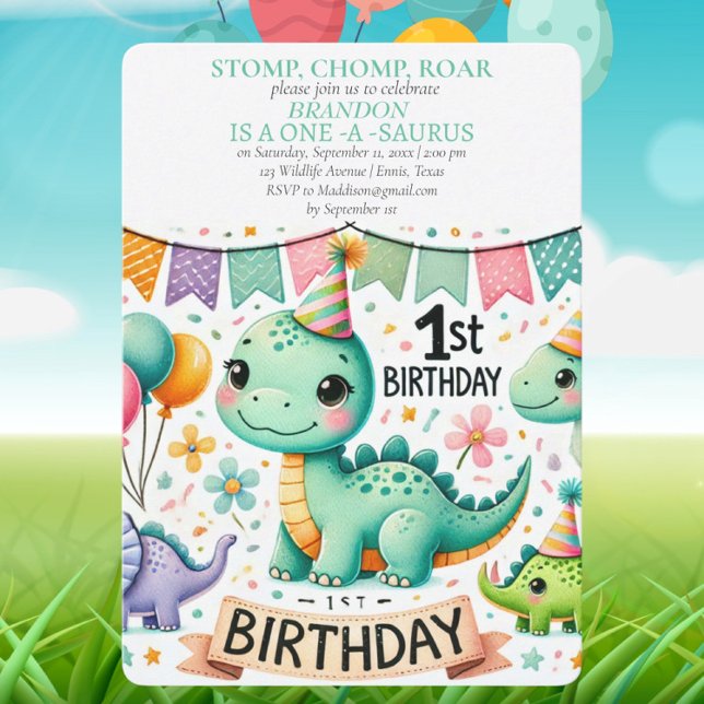 Dinosaur 1st Birthday Boy Stomp Chomp Roar Inbjudningar (Skapare uppladdad)