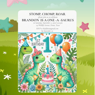 Dinosaur 1st Birthday Boy Stomp Chomp Roar Inbjudningar