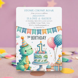 Dinosaur 1st Birthday Boy Stomp Chomp Roar Inbjudningar