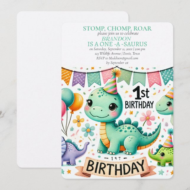 Dinosaur 1st Birthday Boy Stomp Chomp Roar Inbjudningar (Fram/baksida)