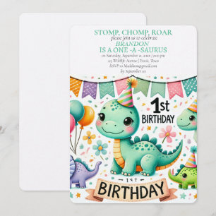 Dinosaur 1st Birthday Boy Stomp Chomp Roar Inbjudningar