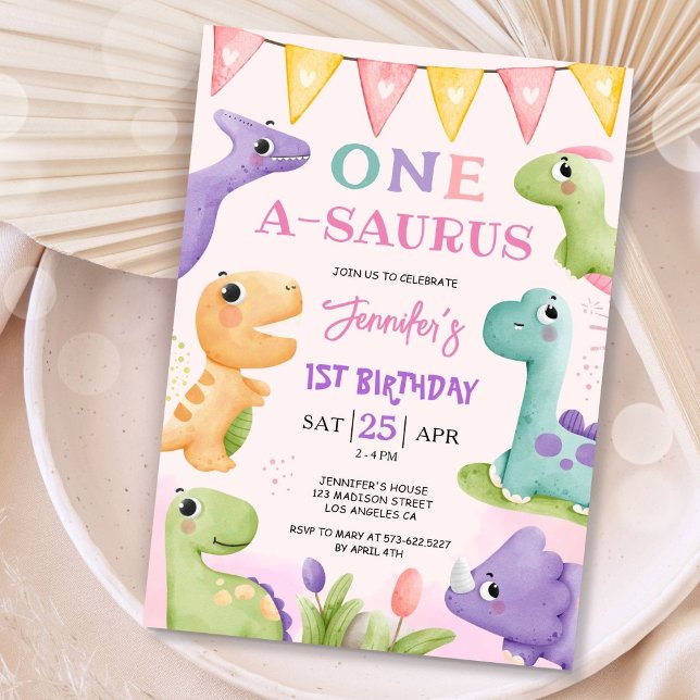 Dinosaur 1st Birthday Girl Cute One A Saurus Party Inbjudningar (Skapare uppladdad)