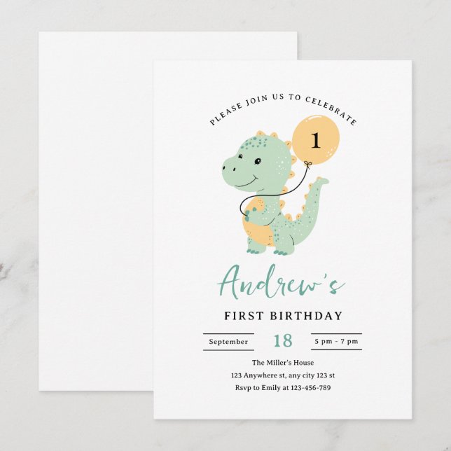Dinosaur 1st Birthday Invitation, Minimalist T rex Inbjudningar (Fram/baksida)
