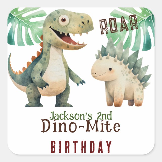 Dinosaur 2:a födelsedag fyrkantigt klistermärke (Framsida)