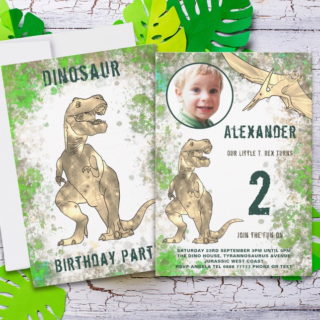 Dinosaur 2:a födelsedag Party budget Inbjudningar (Dinosaur 2nd birthday party budget invitation with photo template)