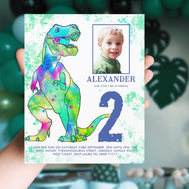 Dinosaur 2:a födelsedag Party fotobudget (Dinosaur colorful watercolor 2nd birthday party invitation with photo template)