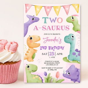 Dinosaur 2:a födelsedag Rosa Cute Dino Party Inbjudningar