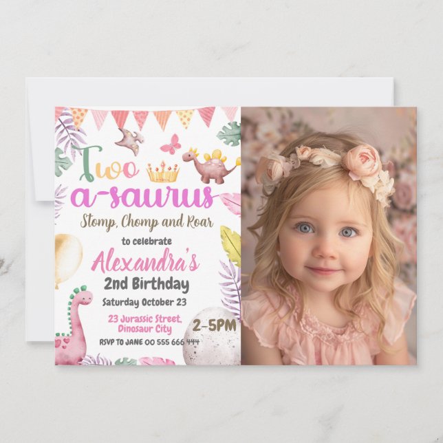 Dinosaur 2:a födelsedagen Foto Two-A-Saurus Girl Inbjudningar (Framsida)
