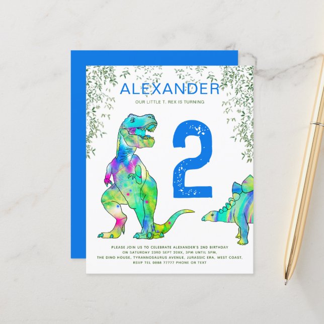 Dinosaur 2-års födelsedagsfest djungel budget blå (Fram/Back In Situ)