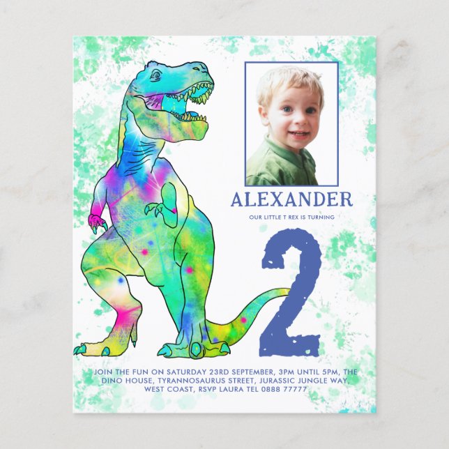 Dinosaur 2-års födelsedagsfest fotobudget flygblad (Framsidan)