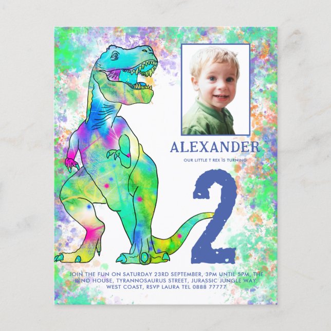Dinosaur 2-års födelsedagsfest fotobudget flygblad (Framsidan)