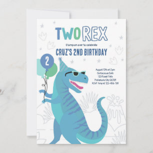 Dinosaur 2 Rex 2:a födelsedag Party T-Rex Inbjudningar
