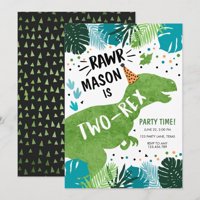 Dinosaur 2- rex T- Rex RAWR 2:a födelsedagen in Inbjudningar (Fram/baksida)
