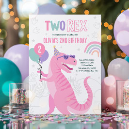 Dinosaur 2nd Birthday Party Rosa T-Rex Inbjudningar