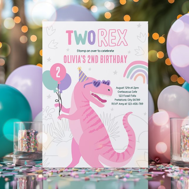 Dinosaur 2nd Birthday Party Rosa T-Rex Inbjudningar (Skapare uppladdad)