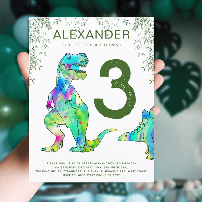 Dinosaur 3-års födelsedagsfest budget inbjudan vykort (T-Rex dinosaur jungle 3rd birthday party budget invitation postcard green)
