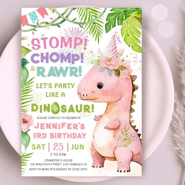 Dinosaur 3-års födelsedagsfest Rosa dinosaurieflic Inbjudningar (#DinosaurBirthdayInvitation #DinosaurBirthdayInvite #GirlDinosaurBirthdayInvitation)