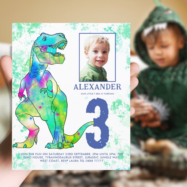 Dinosaur 3:e födelsedag Party Photo (T-Rex Dinosaur colorful watercolor 3rd birthday party budget invitation thrift dino party)