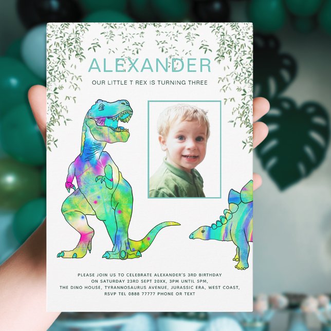 Dinosaur 3:e födelsedag Party Photo Inbjudningar (Colorful dinosaur 3rd birthday party invitation with photo template colorful T-Rex stegosaurus )