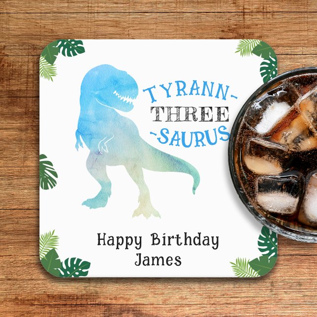 Dinosaur 3:e födelsedagen Party Blue Tyrannosaurus Underlägg Papper Kvadrat (Dinosaur 3rd Birthday Party Blue Tyrannosaurus Rex Square Paper Coaster
)