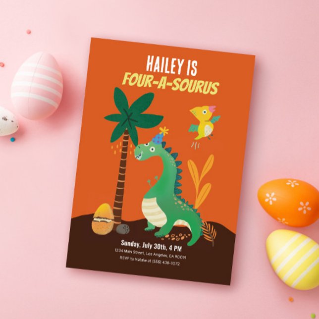 Dinosaur 4-A-Saurus Barn Fjärde Födelsedagsinbjudn Inbjudningar (Skapare uppladdad)