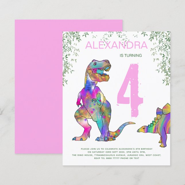 Dinosaur 4-års födelsedagsfest Budget rosa (Fram/baksida)