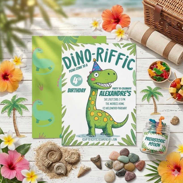Dinosaur 4-års födelsedagsfest, Grön Dino-Riffic Inbjudningar (Skapare uppladdad)