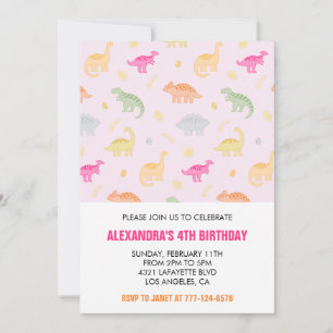 Dinosaur 4-års födelsedagsinbjudningar flicka rosa inbjudningar